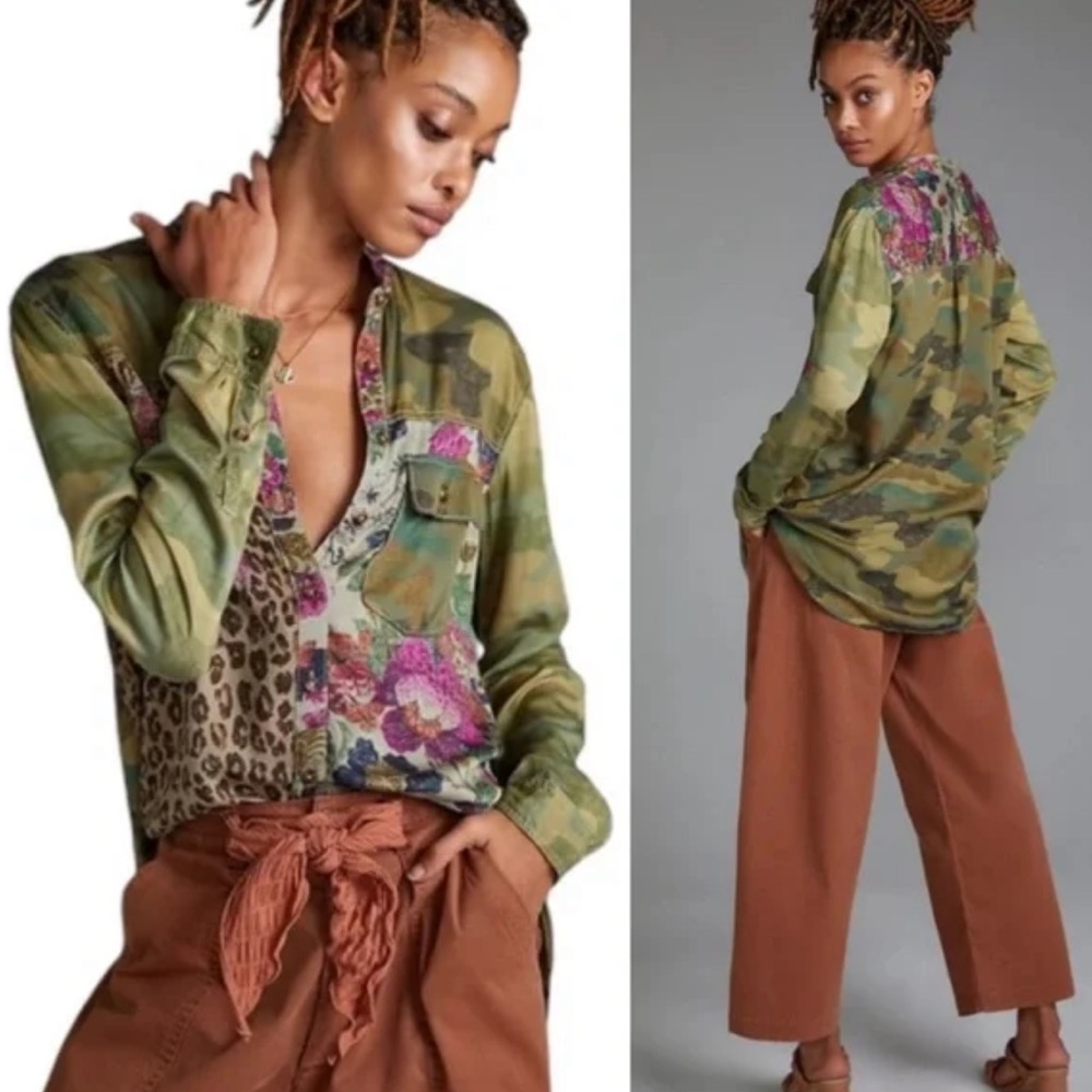 Anthropologie Green Camo & Floral Button-Down Shirt